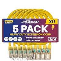 3ft Outdoor/Indoor Extension Cord 10/3 Gauge Ultra Heavy Duty 3 Prong SJTW, Waterproof, Flexible Cold-Resistant Long Power Cord,125 Amp 1875W, Yellow by LifeSupplyUSA (5-Pack)
