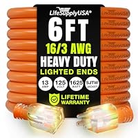 6ft Outdoor/Indoor Extension Cord 16/3 Gauge Heavy Duty 3 Prong SJTW, Waterproof, Flexible Cold-Resistant Long Power Cord,125 Amp 1625W, Orange by LifeSupplyUSA