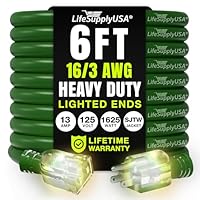 6ft Outdoor/Indoor Extension Cord 16/3 Gauge Heavy Duty 3 Prong SJTW, Waterproof, Flexible Cold-Resistant Long Power Cord,125 Amp 1625W, Green by LifeSupplyUSA