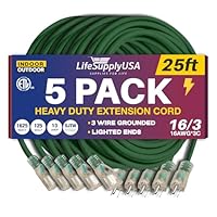 25ft Outdoor/Indoor Extension Cord 16/3 Gauge Heavy Duty 3 Prong SJTW, Waterproof, ETL Listed, Flexible Cold-Resistant Long Power Cord,125 Amp 1625W, Green by LifeSupplyUSA (5-Pack)