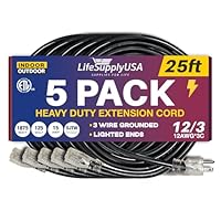 25ft Outdoor/Indoor Extension Cord 12/3 Gauge Extra Heavy Duty 3 Prong SJTW, Waterproof, ETL Listed, Flexible Cold-Resistant Long Power Cord,125 Amp 1875W, Black by LifeSupplyUSA (5-Pack)