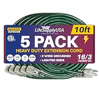 10ft Outdoor/Indoor Extension Cord 16/3 Gauge Heavy Duty 3 Prong SJTW, Waterproof, ETL Listed, Flexible Cold-Resistant Long Power Cord,125 Amp 1625W, Green by LifeSupplyUSA (5-Pack)