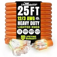 25ft Outdoor/Indoor Extension Cord 3-Outlet 12/3 Gauge Extra Heavy Duty ETL Listed, 3 Prong SJTW, Waterproof, Flexible Cold-Resistant Long Power Cord,125 Amp 1875W, Orange by LifeSupplyUSA