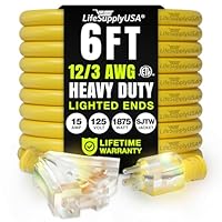 6ft Outdoor/Indoor Extension Cord 3-Outlet 12/3 Gauge Extra Heavy Duty ETL Listed, 3 Prong SJTW, Waterproof, Flexible Cold-Resistant Long Power Cord,125 Amp 1875W, Yellow by LifeSupplyUSA