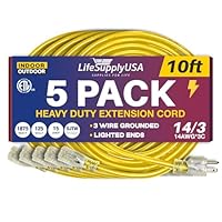 10ft Outdoor/Indoor Extension Cord 14/3 Gauge Heavy Duty 3 Prong SJTW, Waterproof, ETL Listed, Flexible Cold-Resistant Long Power Cord,125 Amp 1875W, Yellow by LifeSupplyUSA (5-Pack)