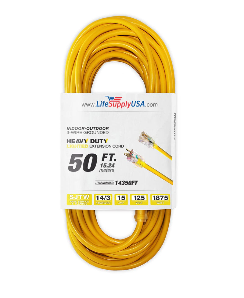 (2-Pack) 50 ft Power Extension Cord Outdoor & Indoor Heavy Duty 14 Gauge/3 Prong SJTW (Yellow) Lighted end Extra Durability 15 AMP 125 Volts 1875 Watts by LifeSupplyUSA