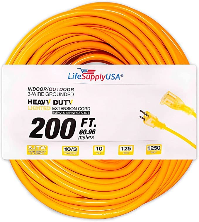(2-Pack) 200 ft Power Extension Cord Outdoor & Indoor Heavy Duty 10 Gauge/3 Prong SJTW (Yellow) Lighted end Extra Durability 10 AMP 125 Volts 1250 Watts by LifeSupplyUSA