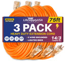 75ft Outdoor/Indoor Extension Cord 14/3 Gauge Heavy Duty 3 Prong SJTW, Waterproof, Flexible Cold-Resistant Long Power Cord,125 Amp 1625W, Orange by LifeSupplyUSA (3-Pack) - 14 Gauge,75 FT,Orange