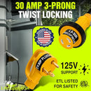 30ft RV Extension Cord 30 AMP (TT-30P/L5-30R) with Twist-Lock Connector and Grip Handle, Hook and Loop Strap - STW 10/3 AWG 125 Volt - Heavy Duty - by LifeSupplyUSA - TT-30P/L5-30R,30 FT