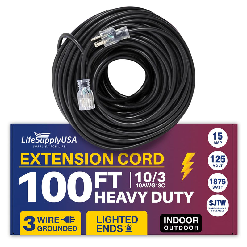 100ft Power Extension Cord Outdoor & Indoor - Waterproof Electric Drop Cord Cable - 3 Prong SJTW, 10 Gauge, 15 AMP, 125 Volts, 1875 Watts, 10/3 by LifeSupplyUSA - Yellow (1 Pack)