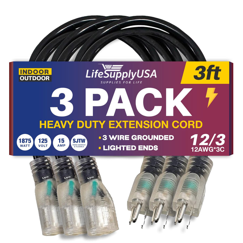 3ft Power Outdoor Extension Cord & Indoor - Waterproof Electric Drop Cord Cable - 3 Prong SJTW, 12 Gauge, 15 AMP, 125 Volts, 1875 Watts, 12/3 by LifeSupplyUSA - Black (3 Pack)