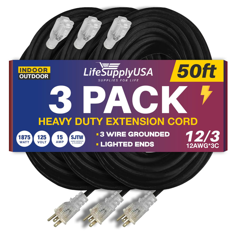 50ft Outdoor/Indoor Extension Cord 12/3 Gauge Extra Heavy Duty 3 Prong SJTW, Waterproof, Flexible Cold-Resistant Long Power Cord,125 Amp 1875W, Black by LifeSupplyUSA (5-Pack)