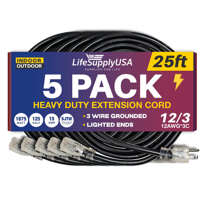 25ft Power Extension Cord Outdoor & Indoor - Waterproof Electric Drop Cord Cable - 3 Prong SJTW, 12 Gauge, 15 AMP, 125 Volts, 1875 Watts, 12/3 by LifeSupplyUSA - Yellow (5 Pack)