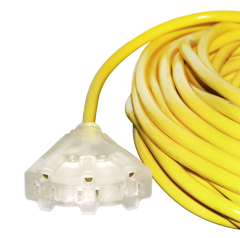 (2-Pack) 75 ft Power Extension Cord Outdoor & Indoor Heavy Duty 12 Gauge/3 Prong SJTW (Yellow) Lighted end 3-Outlet Extra Durability 15 AMP 125 Volts 1875 Watts by LifeSupplyUSA