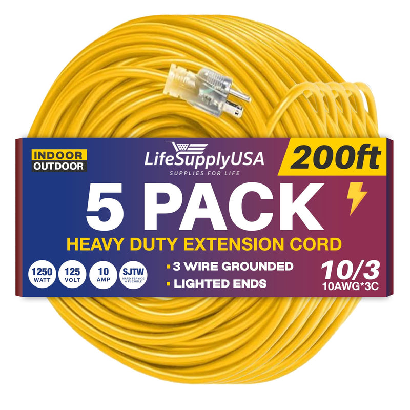 200ft Power Extension Cord Outdoor & Indoor - Waterproof Electric Drop Cord Cable - 3 Prong SJTW, 10 Gauge, 10 AMP, 125 Volts, 1250 Watts, 10/3 by LifeSupplyUSA - Yellow (5 Pack)