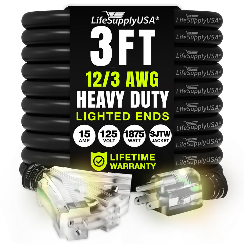 3ft Outdoor/Indoor Extension Cord 3-Outlet 12/3 Gauge Extra Heavy Duty 3 Prong SJTW, Waterproof, Flexible Cold-Resistant Long Power Cord,125 Amp 1875W, Black by LifeSupplyUSA