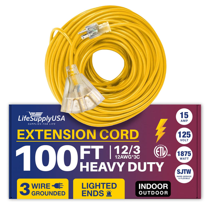 100ft Power Extension Cord Outdoor & Indoor - Waterproof Electric Drop Cord Cable -, 3-Outlet, SJTW, 12 Gauge, 15 AMP, 125 Volts, 1875 Watts, 12/3 - ETL Listed by LifeSupplyUSA - Yellow (1 Pack)