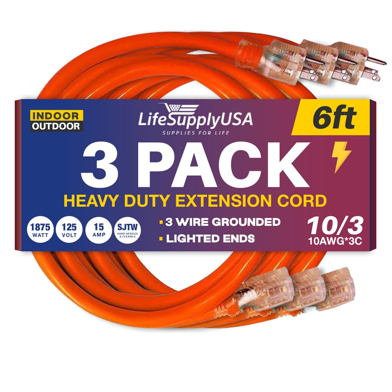 6ft Power Outdoor Extension Cord & Indoor - Waterproof Electric Drop Cord Cable - 3 Prong SJTW, 10 Gauge, 15 AMP, 125 Volts, 1875 Watts, 10/3 by LifeSupplyUSA - Orange (3 Pack)