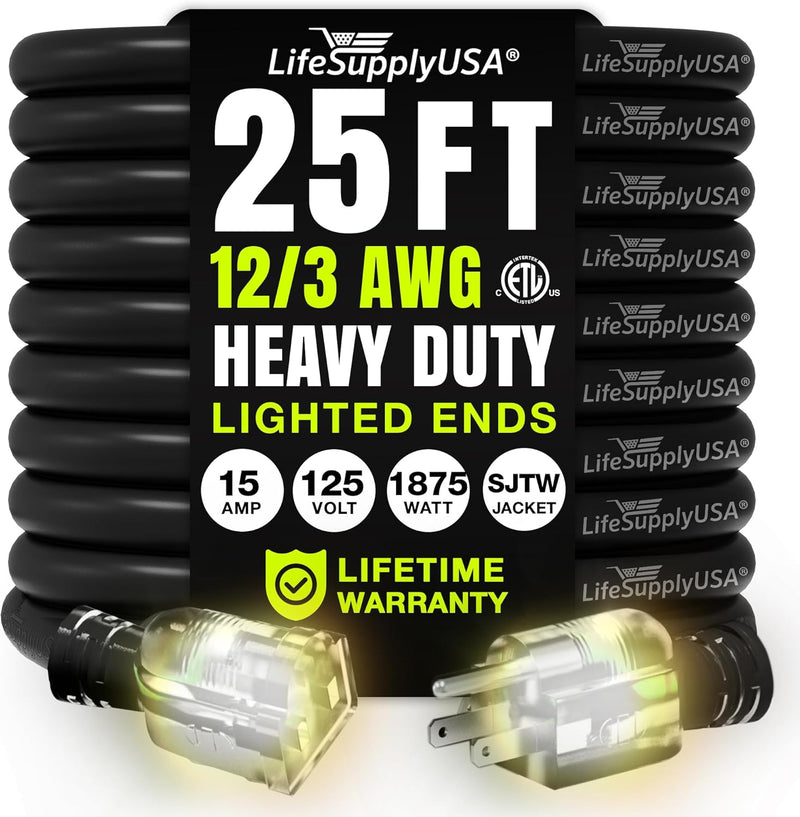 25ft Outdoor/Indoor Extension Cord 12/3 Gauge Extra Heavy Duty 3 Prong SJTW, Waterproof, ETL Listed, Flexible Cold-Resistant Long Power Cord,125 Amp 1875W, Black by LifeSupplyUSA