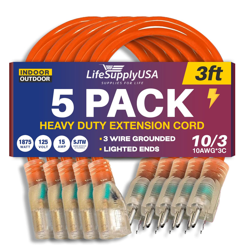 3ft Outdoor/Indoor Extension Cord 10/3 Gauge Ultra Heavy Duty 3 Prong SJTW, Waterproof, Flexible Cold-Resistant Long Power Cord,125 Amp 1875W, Orange by LifeSupplyUSA (5-Pack)