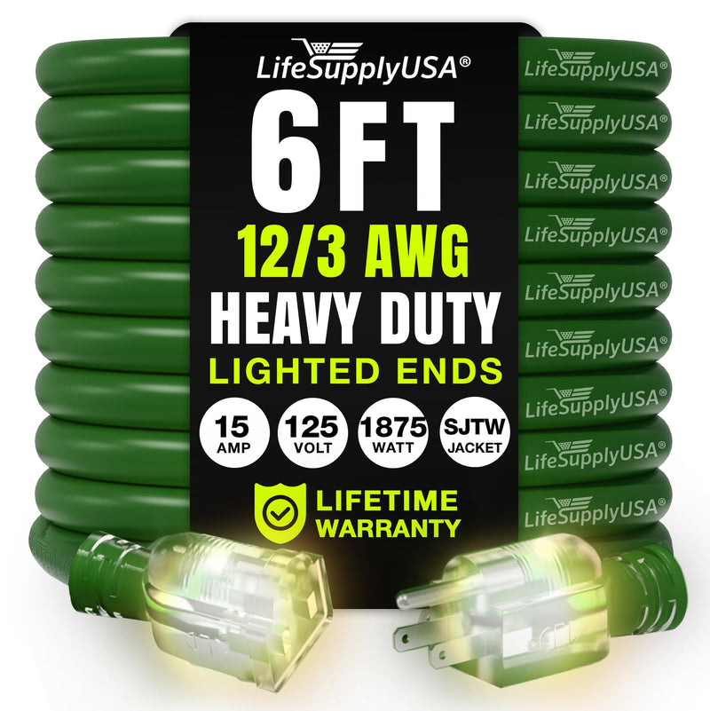 6ft Outdoor/Indoor Extension Cord 12/3 Gauge Extra Heavy Duty 3 Prong SJTW, Waterproof, Flexible Cold-Resistant Long Power Cord,125 Amp 1875W, Green by LifeSupplyUSA