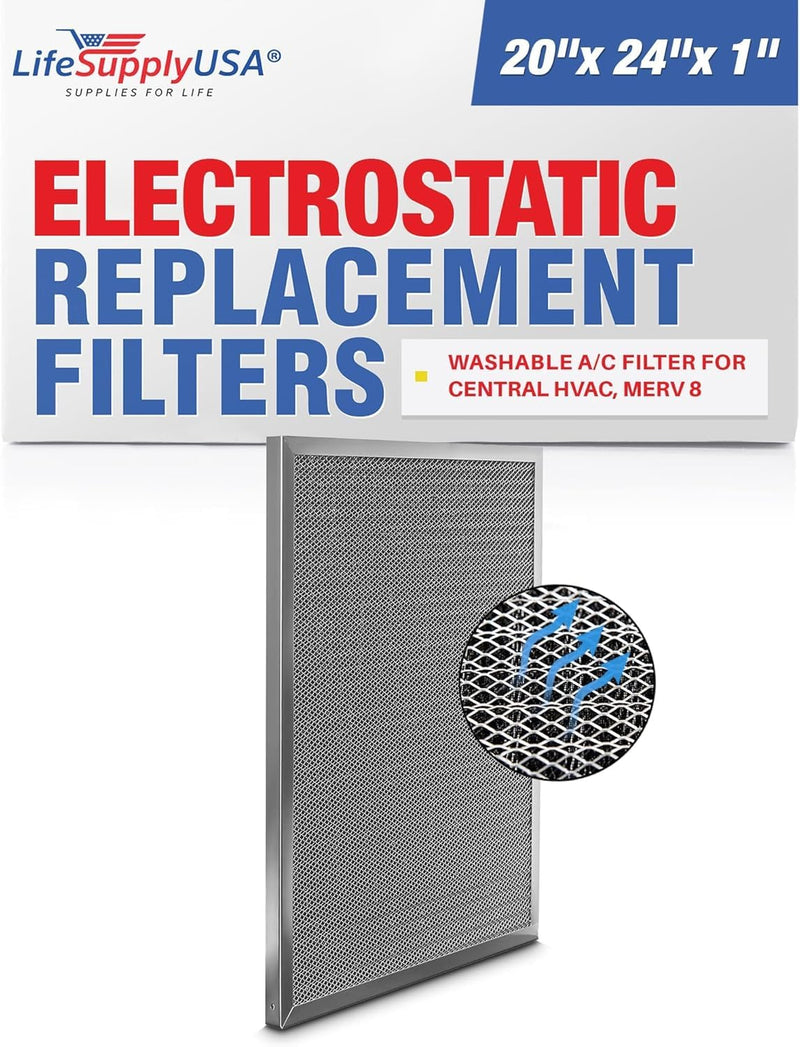 LifeSupplyUSA 20x24x1 Electrostatic Air Filter, MERV 8, Washable, Reusable Furnace AC/HVAC Filter, Energy Saving, Easy to Clean, Long-Lasting