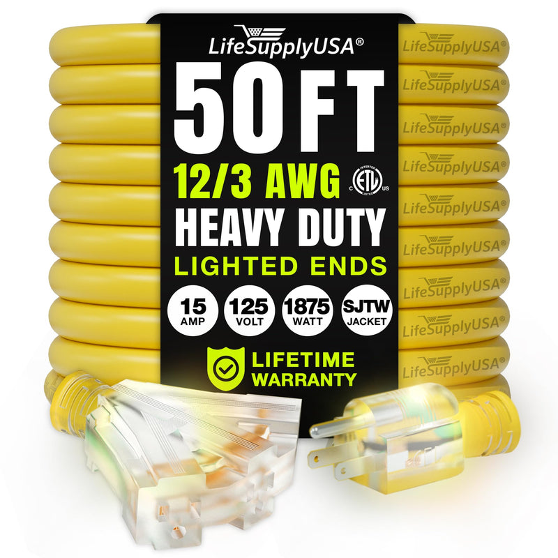 50ft Outdoor/Indoor Extension Cord 3-Outlet 12/3 Gauge Extra Heavy Duty ETL Listed, 3 Prong SJTW, Waterproof, Flexible Cold-Resistant Long Power Cord,125 Amp 1875W, Yellow by LifeSupplyUSA