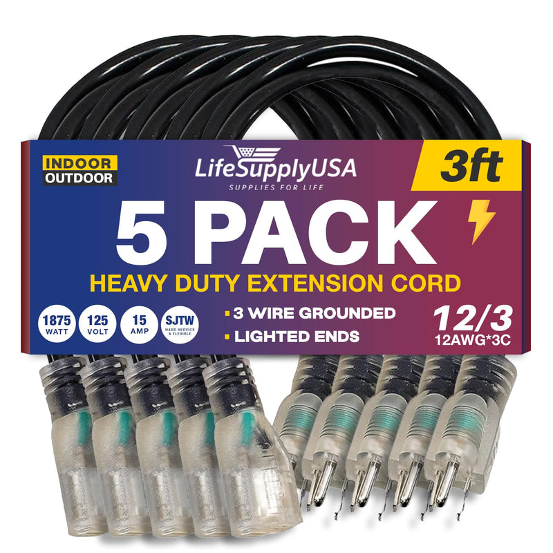 3ft Outdoor/Indoor Extension Cord 12/3 Gauge Extra Heavy Duty 3 Prong SJTW, Waterproof, Flexible Cold-Resistant Long Power Cord,125 Amp 1875W, Black by LifeSupplyUSA (5-Pack)