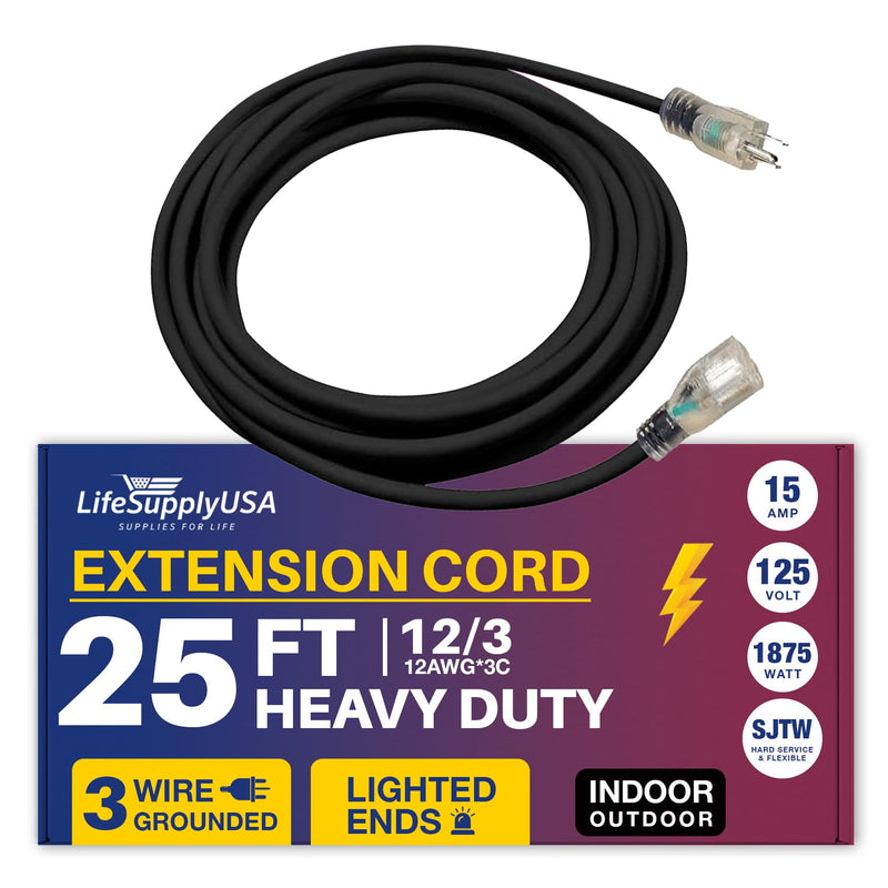 25ft Power Extension Cord Outdoor & Indoor - Waterproof Electric Drop Cord Cable - 3 Prong SJTW, 12 Gauge, 15 AMP, 125 Volts, 1875 Watts, 12/3 by LifeSupplyUSA - Black (1 Pack)