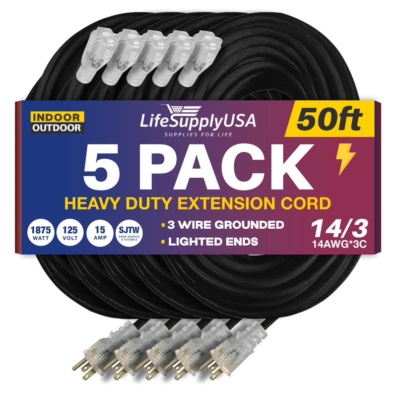 50ft Power Extension Cord Outdoor & Indoor - Waterproof Electric Drop Cord Cable - 3 Prong SJTW, 14 Gauge, 15 AMP, 125 Volts, 1875 Watts, 14/3 by LifeSupplyUSA - Yellow (5 Pack)