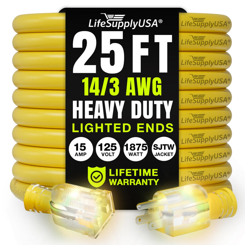 25ft Outdoor/Indoor Extension Cord 14/3 Gauge Heavy Duty 3 Prong SJTW, Waterproof, Flexible Cold-Resistant Long Power Cord,125 Amp 1875W, Yellow by LifeSupplyUSA