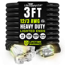 3ft Outdoor/Indoor Extension Cord 3-Outlet 12/3 Gauge Extra Heavy Duty ETL Listed, 3 Prong SJTW, Waterproof, Flexible Cold-Resistant Long Power Cord,125 Amp 1875W, Black by LifeSupplyUSA