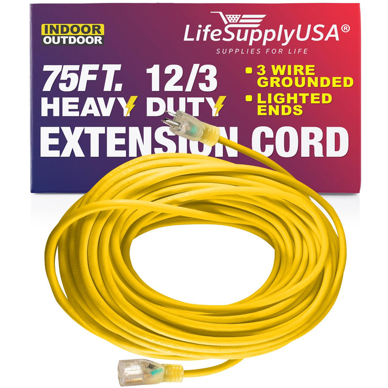 75ft Power Extension Cord Outdoor & Indoor - Waterproof Electric Drop Cord Cable - 3 Prong SJTW, 10 Gauge, 15 AMP, 125 Volts, 1875 Watts, 10/3 by LifeSupplyUSA - Black (1 Pack)