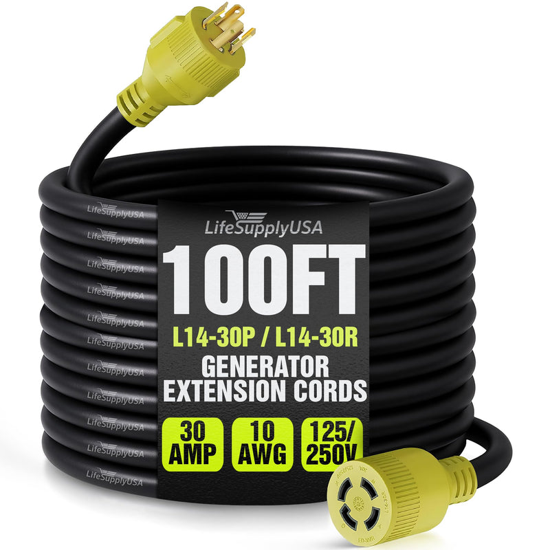 25ft Generator Extension Cord 30 AMP 4-Prong (L14-30P / L14-30R) - 10AWG4 125/250V STW - Hook and Loop Strap UL Approved by LifeSupplyUSA