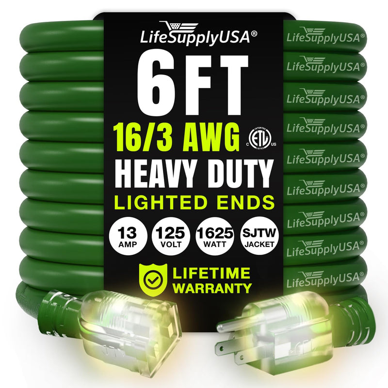 6ft Outdoor/Indoor Extension Cord 16/3 Gauge Heavy Duty 3 Prong SJTW, Waterproof, ETL Listed, Flexible Cold-Resistant Long Power Cord,125 Amp 1625W, Green by LifeSupplyUSA