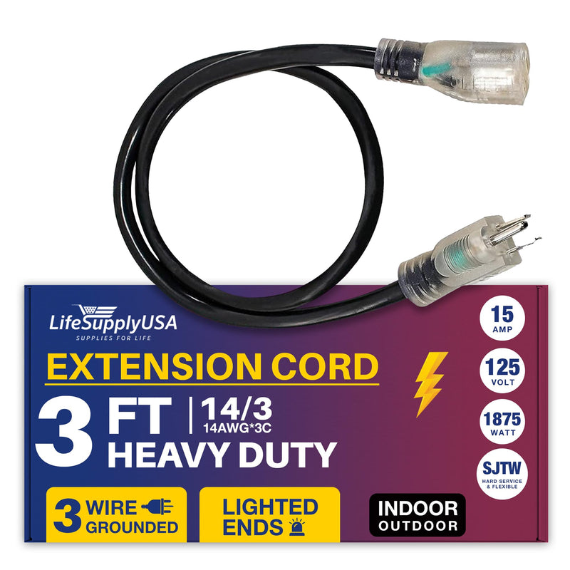 3ft Power Outdoor Extension Cord & Indoor - Waterproof Electric Drop Cord Cable - 3 Prong SJTW, 14 Gauge, 15 AMP, 125 Volts, 1875 Watts, 14/3 by LifeSupplyUSA - Black (1 Pack)