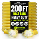 200ft Outdoor/Indoor Extension Cord 10/3 Gauge Ultra Heavy Duty 3 Prong SJTW, Waterproof, Flexible Cold-Resistant Long Power Cord,125 Amp 1250W, Yellow by LifeSupplyUSA