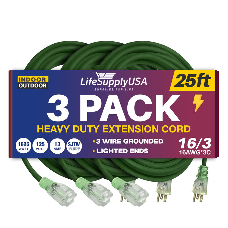 25ft Power Outdoor Extension Cord & Indoor - Waterproof Electric Drop Cord Cable - 3 Prong SJTW, 16 Gauge, 13 AMP, 125 Volts, 1625 Watts, 16/3 by LifeSupplyUSA - Green (3 Pack)