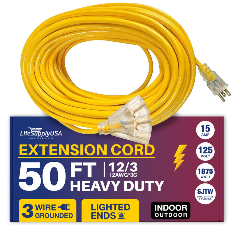 50ft Power Extension Cord Outdoor & Indoor - Waterproof Electric Drop Cord Cable -, 3-Outlet, SJTW, 12 Gauge, 15 AMP, 125 Volts, 1875 Watts, 12/3 by LifeSupplyUSA - Yellow (1 Pack)