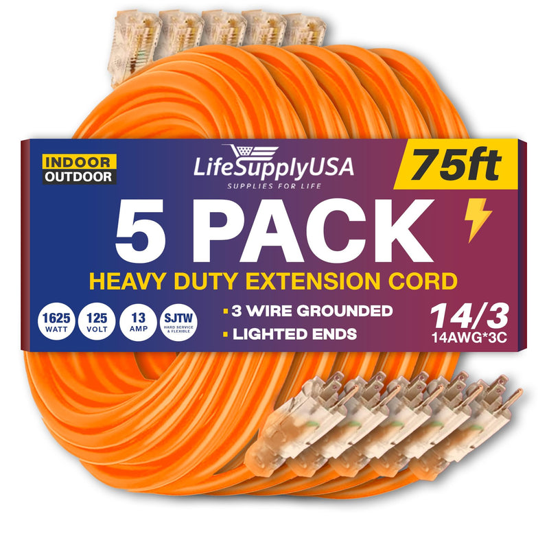 75ft Outdoor/Indoor Extension Cord 14/3 Gauge Heavy Duty 3 Prong SJTW, Waterproof, Flexible Cold-Resistant Long Power Cord,125 Amp 1625W, Orange by LifeSupplyUSA (5-Pack)