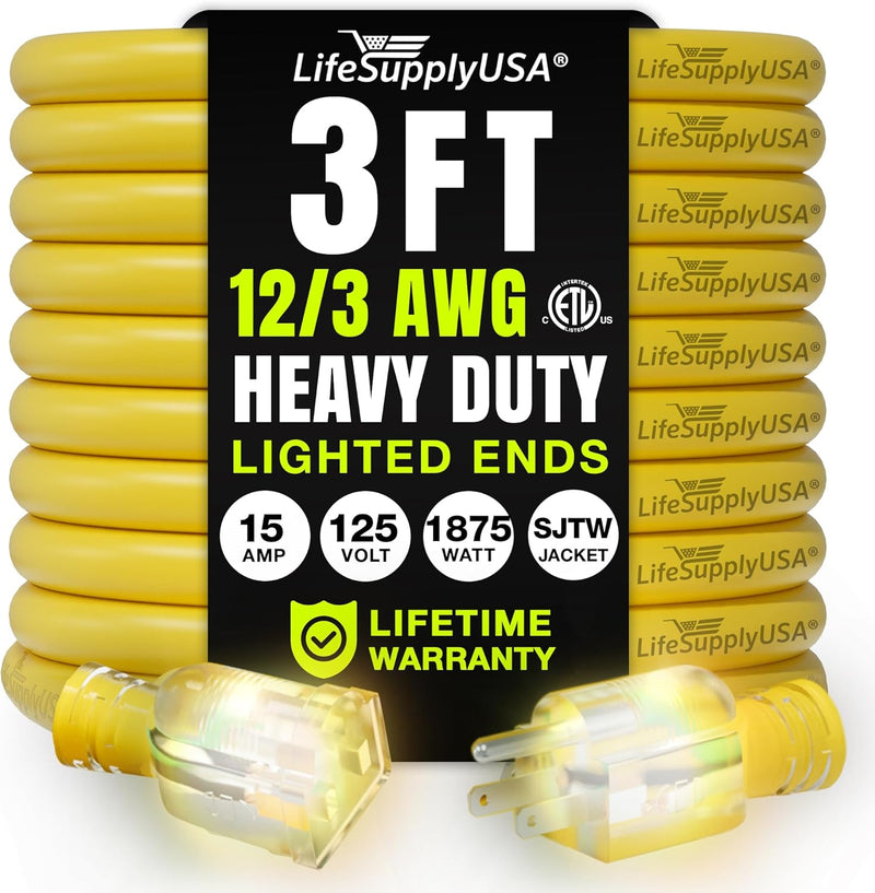 3ft Outdoor/Indoor Extension Cord 12/3 Gauge Extra Heavy Duty 3 Prong SJTW, Waterproof, ETL Listed, Flexible Cold-Resistant Long Power Cord,125 Amp 1875W, Yellow by LifeSupplyUSA