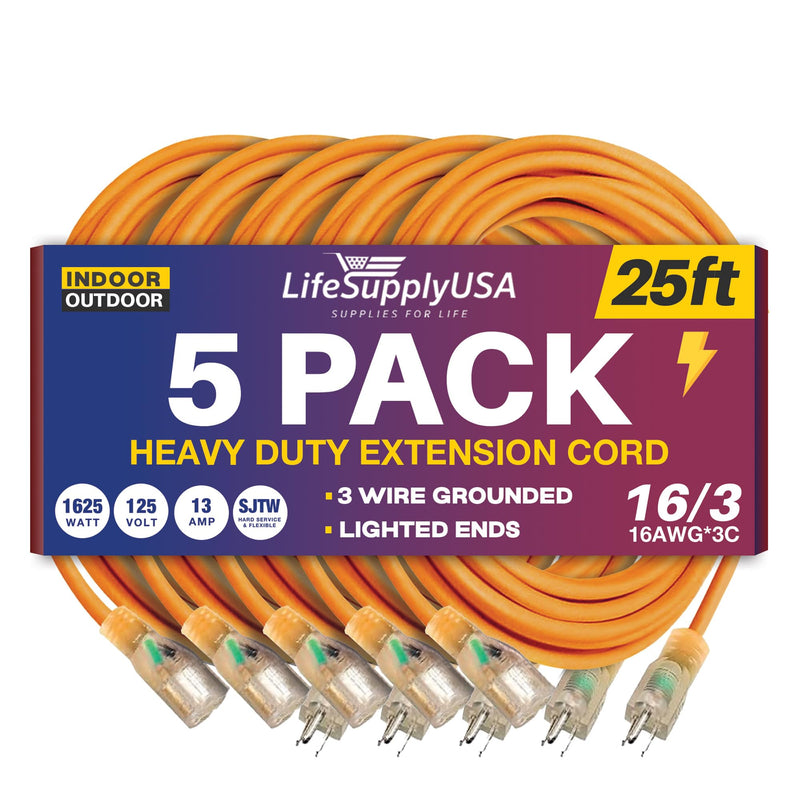 25ft Outdoor/Indoor Extension Cord 16/3 Gauge Heavy Duty 3 Prong SJTW, Waterproof, Flexible Cold-Resistant Long Power Cord,125 Amp 1625W, Orange by LifeSupplyUSA (5-Pack)