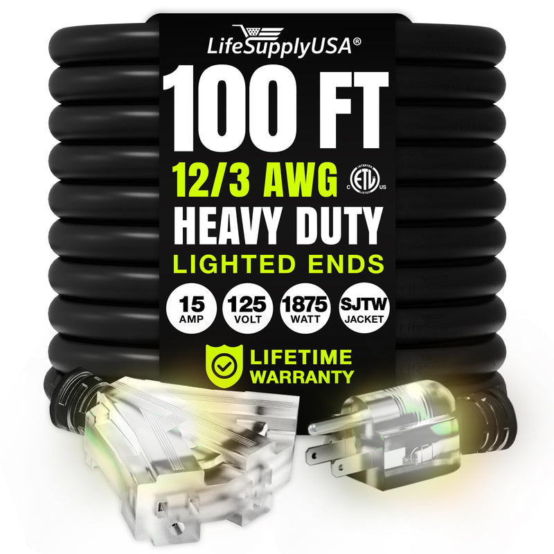 100ft Outdoor/Indoor Extension Cord 3-Outlet 12/3 Gauge Extra Heavy Duty ETL Listed, 3 Prong SJTW, Waterproof, Flexible Cold-Resistant Long Power Cord,125 Amp 1875W, Black by LifeSupplyUSA