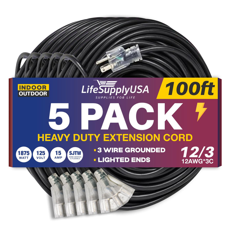 100ft Power Extension Cord Outdoor & Indoor - Waterproof Electric Drop Cord Cable -, 3-Outlet, SJTW, 12 Gauge, 15 AMP, 125 Volts, 1875 Watts, 12/3 by LifeSupplyUSA - Black (5 Pack)