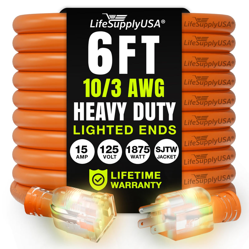 6ft Outdoor/Indoor Extension Cord 10/3 Gauge Ultra Heavy Duty 3 Prong SJTW, Waterproof, Flexible Cold-Resistant Long Power Cord,125 Amp 1875W, Orange by LifeSupplyUSA