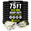 75ft Outdoor/Indoor Extension Cord 3-Outlet 12/3 Gauge Extra Heavy Duty 3 Prong SJTW, Waterproof, Flexible Cold-Resistant Long Power Cord,125 Amp 1875W, Black by LifeSupplyUSA