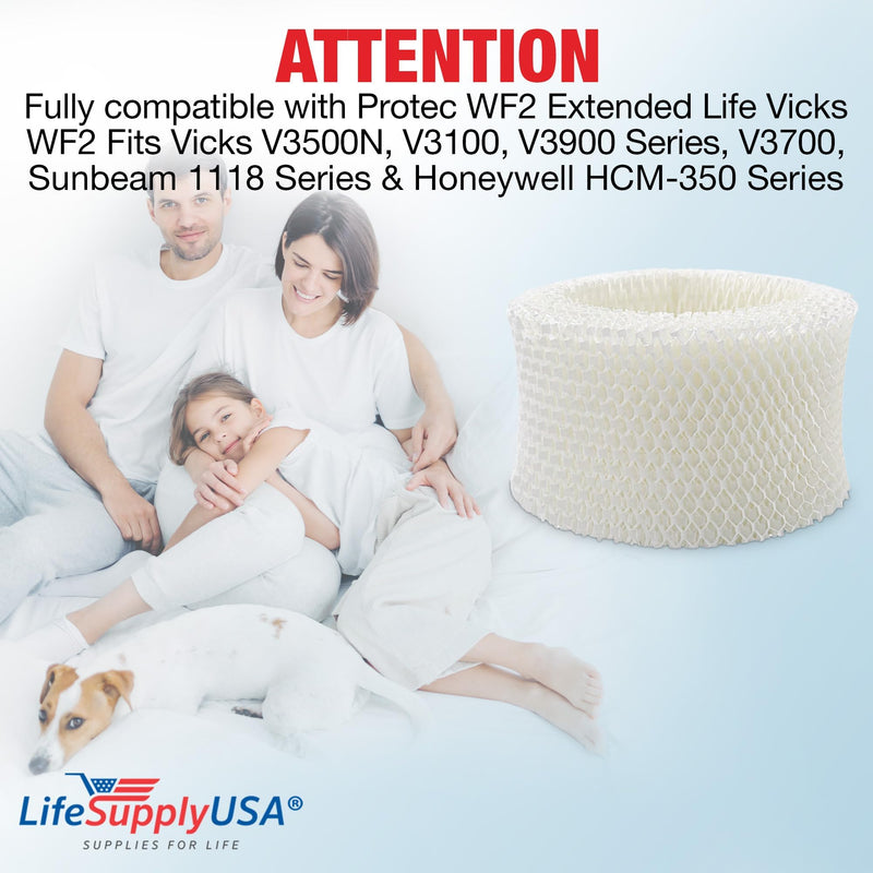 LifeSupplyUSA Humidifier Filter Replacement Compatible with Protec WF2 Extended Life Vicks WF2 Fits Vicks V3500N, V3100, V3900 Series, V3700, Sunbeam 1118 Series & Honeywell HCM-350 Series