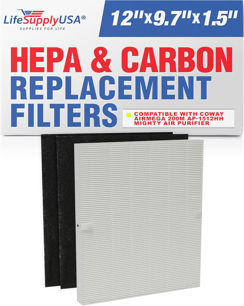 LifeSupplyUSA Complete Replacement Filter Set (1 True HEPA Air Cleaner Replacement Filter + 2 Carbon Filters) Compatible with Coway Airmega 200M AP-1512HH Mighty