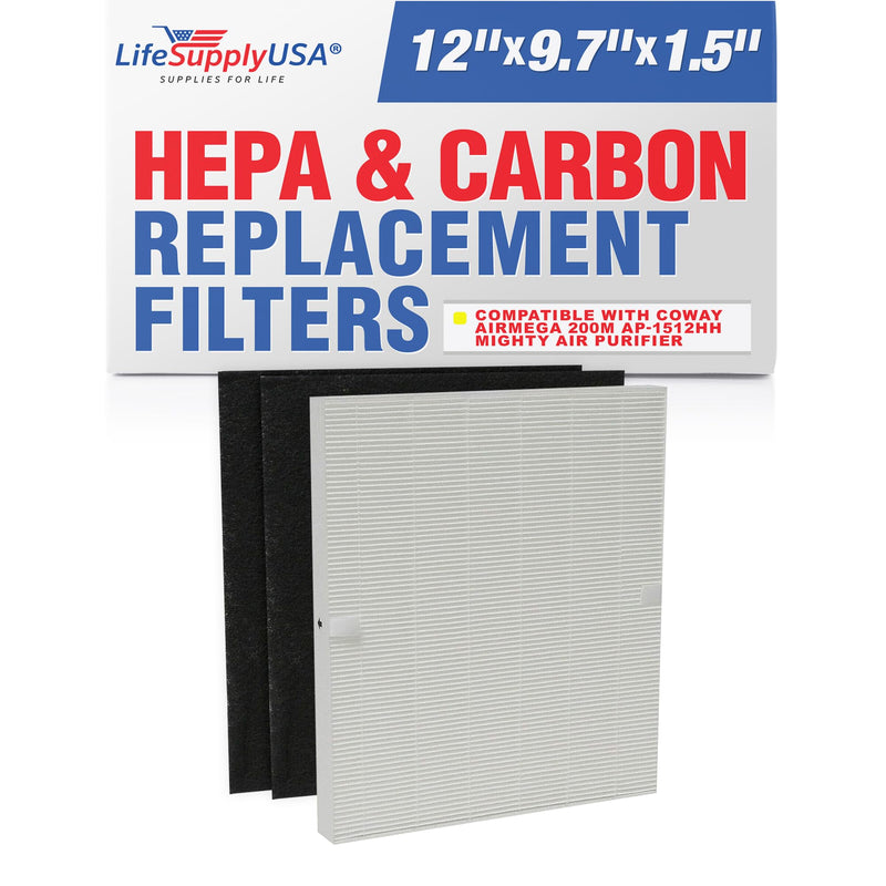 LifeSupplyUSA Complete Replacement Filter Set (1 True HEPA Air Cleaner Replacement Filter + 2 Carbon Filters) Compatible with Coway Airmega 200M AP-1512HH Mighty