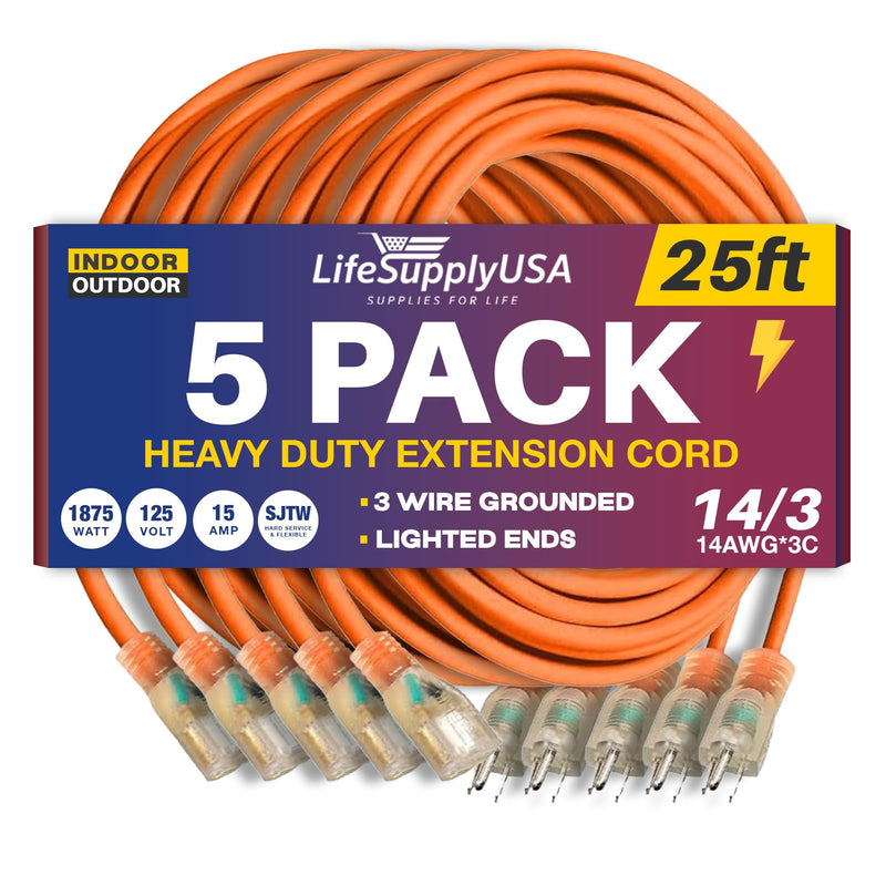 25ft Outdoor/Indoor Extension Cord 14/3 Gauge Heavy Duty 3 Prong SJTW, Waterproof, Flexible Cold-Resistant Long Power Cord,125 Amp 1875W, Orange by LifeSupplyUSA (5-Pack)